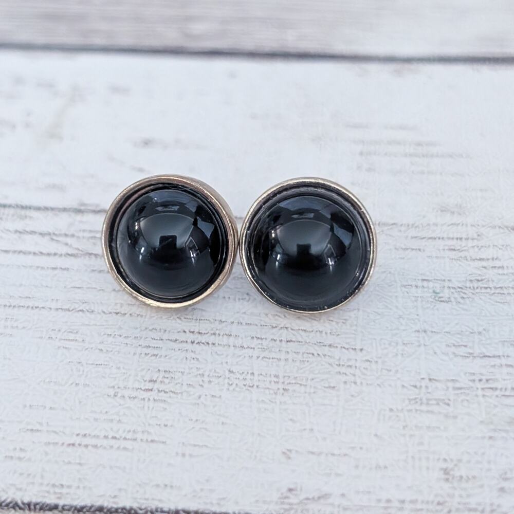 Vintage Stud Earrings Small Domed Black with Gold Tone Halo